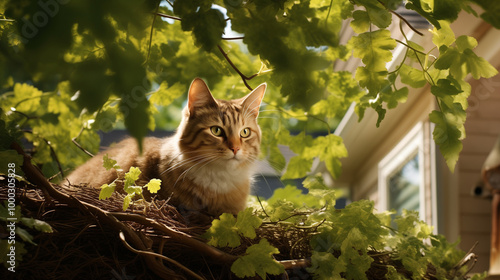 A fluffy ginger cat sits quietly on a sunny branch among the bright greenery in the garden near the house, illuminated by the soft rays of the sun.