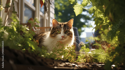 A fluffy ginger cat sits quietly on a sunny branch among the bright greenery in the garden near the house, illuminated by the soft rays of the sun.