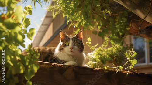 A fluffy ginger cat sits quietly on a sunny branch among the bright greenery in the garden near the house, illuminated by the soft rays of the sun.