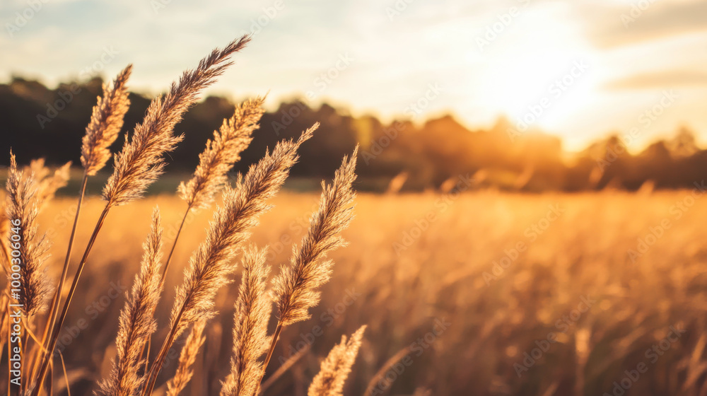 Golden grass sways gently in the warm light during sunset in a tranquil rural field Golden grass sways gently in the warm light during sunset in a tranquil rural field