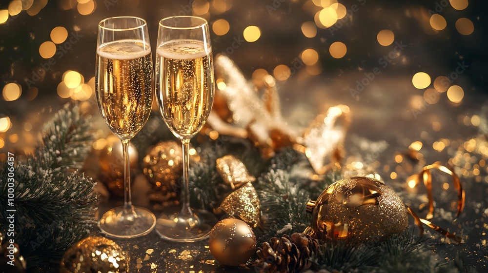 Golden Happy New Year 2025 text surrounded by champagne glasses and festive holiday decorations Golden Happy New Year 2025 text surrounded by champagne glasses and festive holiday decorations