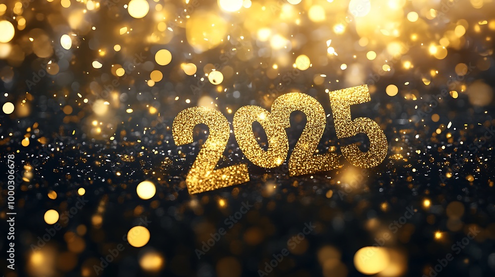 Happy New Year 2025 text in gold against a dark background with sparkling confetti and lights Happy New Year 2025 text in gold against a dark background with sparkling confetti and lights