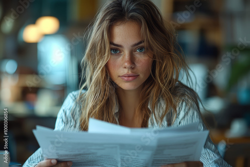 A professional woman reviewing documents at a desk in a modern office, representing focus and productivity.