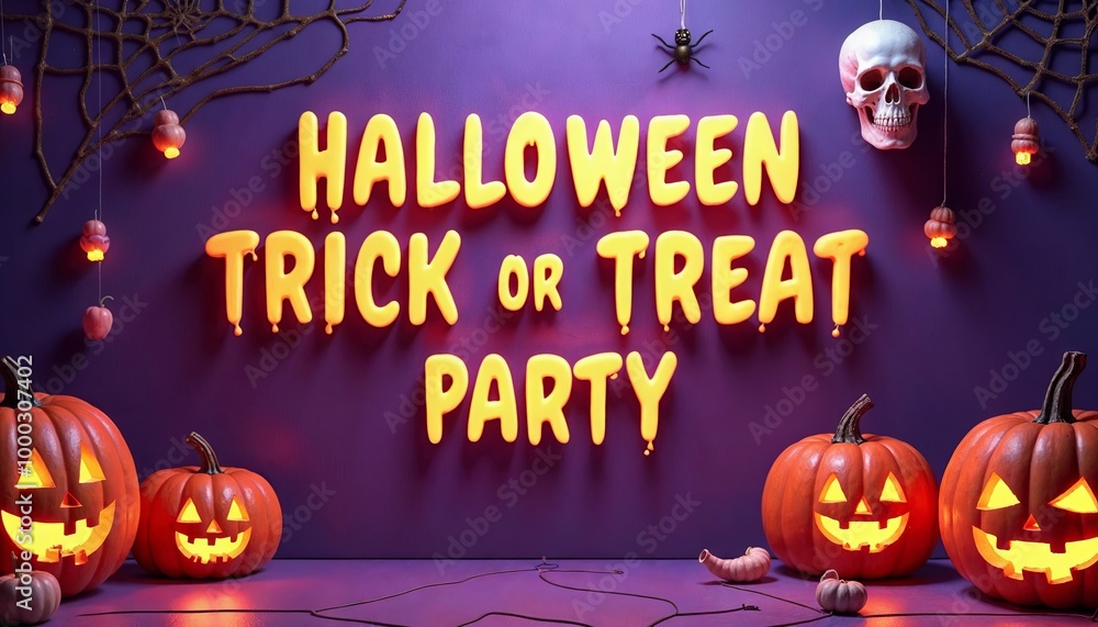 Festive Halloween Trick or Treat Party Sign Featuring Jack-o-Lanterns and Spider on Purple Background Festive Halloween Trick or Treat Party Sign Featuring Jack-o-Lanterns and Spider on Purple Background