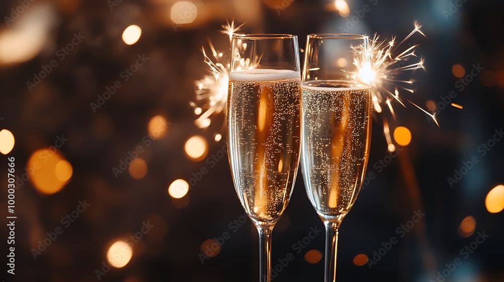 Close-up of sparklers and champagne glasses with a Happy New Year 2025 message Close-up of sparklers and champagne glasses with a Happy New Year 2025 message