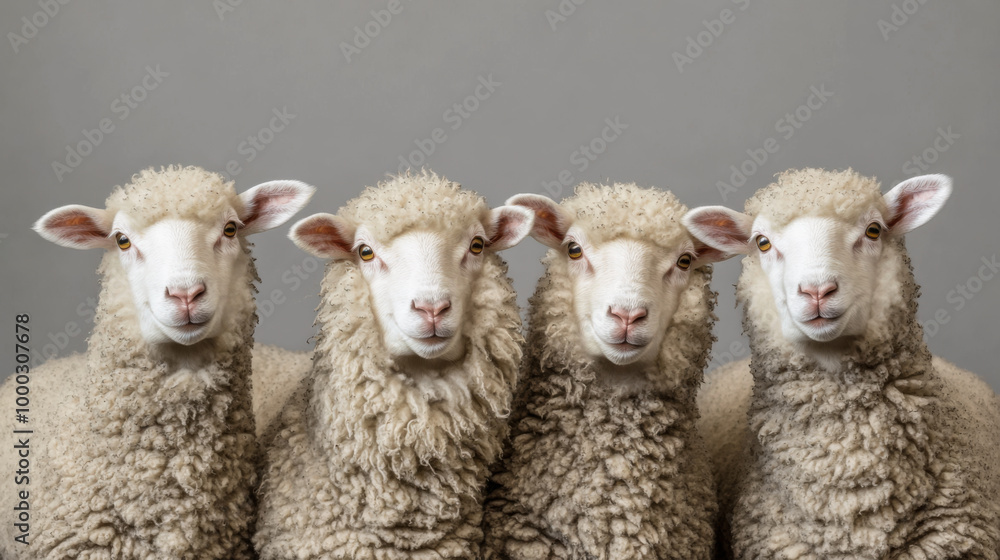 Obraz premium Four sheep with fluffy wool standing side by side against a gray backdrop in a studio setting