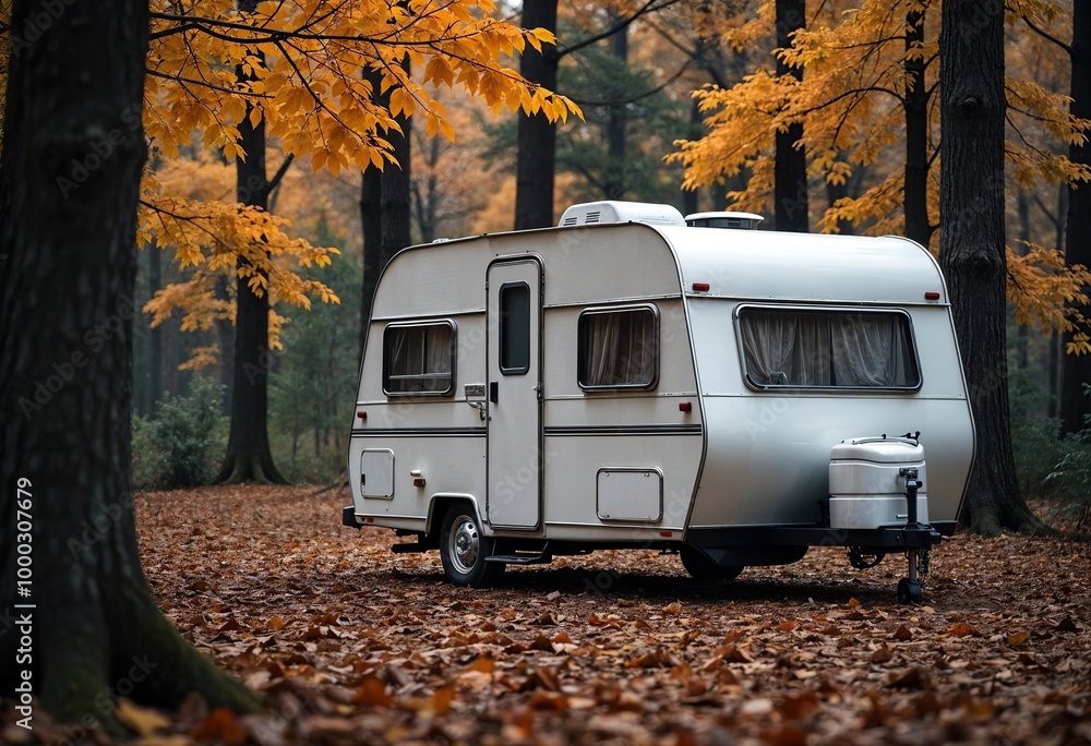 Travel trailer parked in autumn forest Travel trailer parked in autumn forest