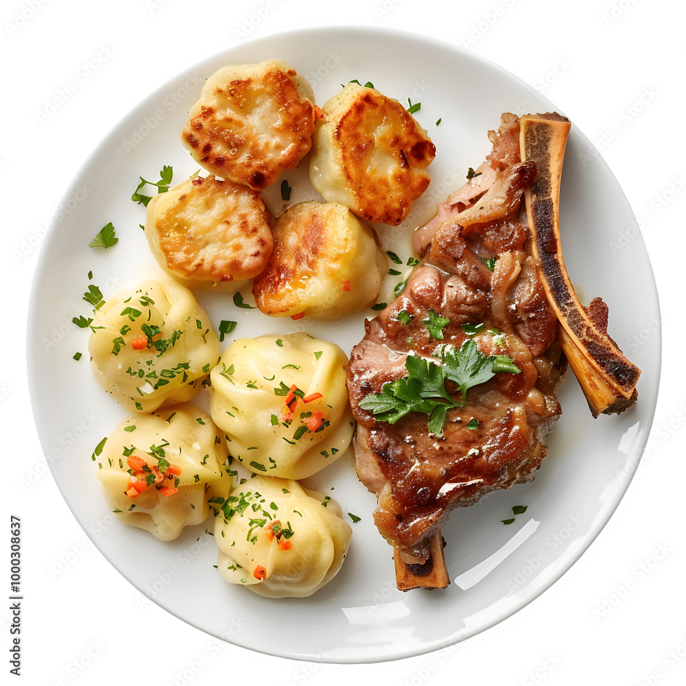 Delicious grilled pork chop with dumplings and crispy roasted potatoes, topped with fresh parsley on a clean white plate Delicious grilled pork chop with dumplings and crispy roasted potatoes, topped with fresh parsley on a clean white plate