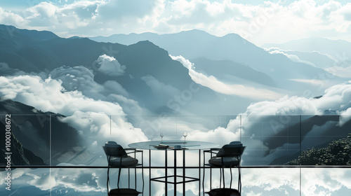 Glass room with a table and chairs, and a large mountain in the background. The room has a modern and minimalist design, with a focus on the natural beauty of the mountain. The chairs are black