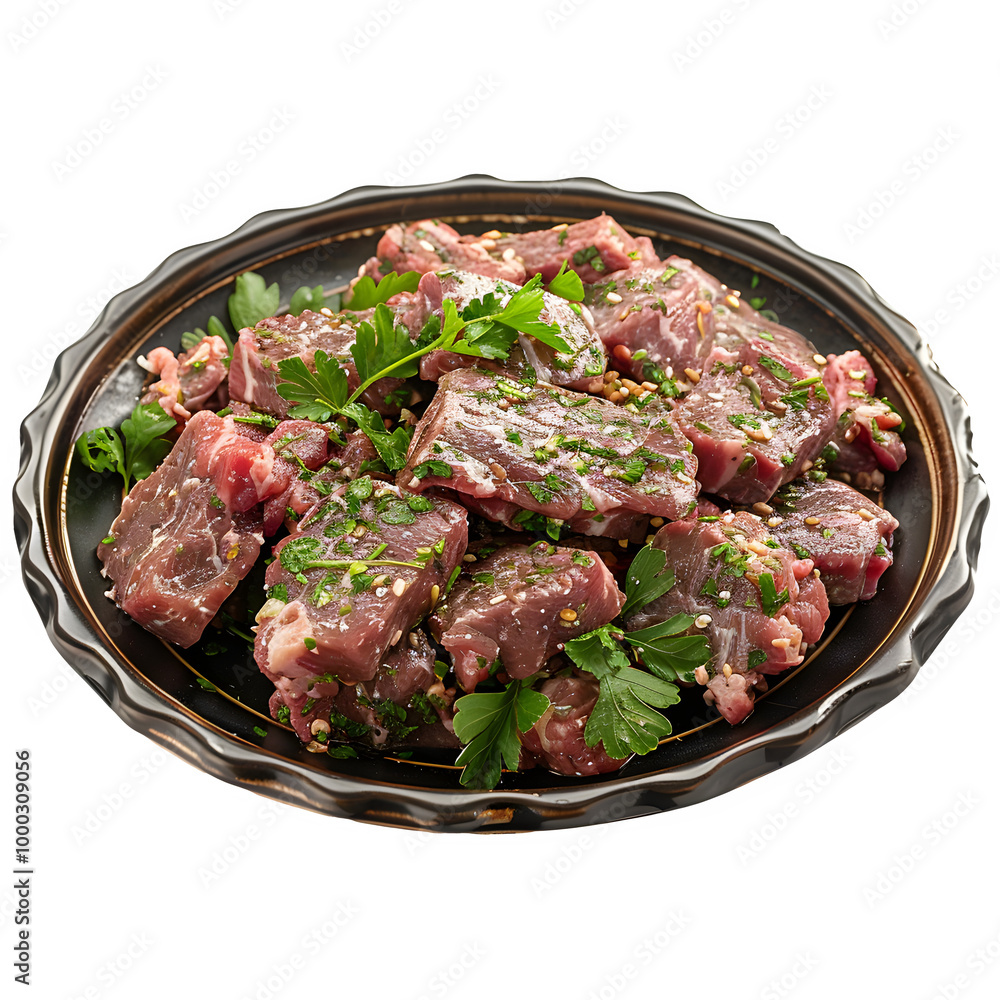 Fresh marinated beef chunks garnished with herbs, displayed on a decorative plate, isolated on a transparent background Fresh marinated beef chunks garnished with herbs, displayed on a decorative plate, isolated on a transparent background