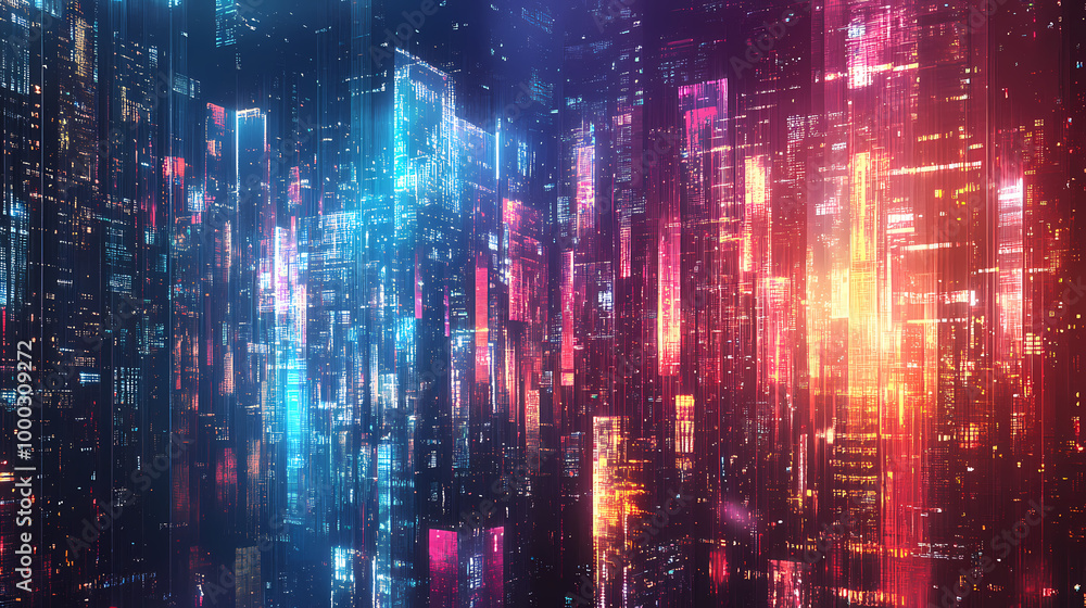Ai generated, desktop background, colorful holographic cityscape. Holographic City. Illustration Ai generated, desktop background, colorful holographic cityscape. Holographic City. Illustration