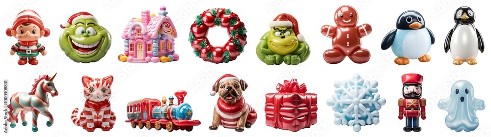 Set of inflated Christmas balloons decor ornaments: gingerbread, penguin, unicorn, cat, train, dog, gift, snowflake, ghost, elf, candy house, wreath. Set of inflated Christmas balloons decor ornaments: gingerbread, penguin, unicorn, cat, train, dog, gift, snowflake, ghost, elf, candy house, wreath.