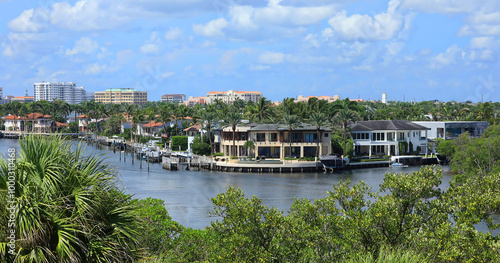 Fototapeta Naklejka Na Ścianę i Meble -  Aerial view of Boca Raton's Intracoastal Waterway with waterfront homes.