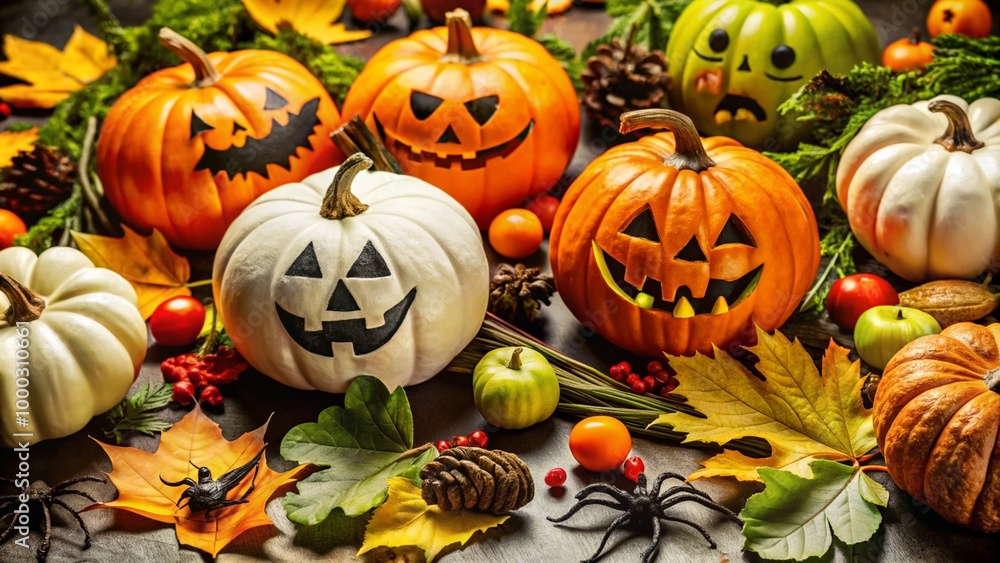 Assorted carved pumpkins with jack-o'-lantern faces, surrounded by autumn leaves, berries, and pine cones on a rustic wooden surface. Assorted carved pumpkins with jack-o'-lantern faces, surrounded by autumn leaves, berries, and pine cones on a rustic wooden surface.