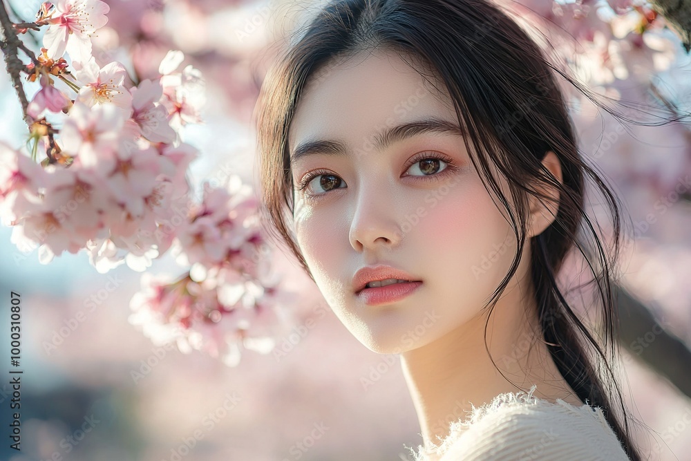 Portrait of a beautiful young Japanese woman in pastel spring , looking at... Portrait of a beautiful young Japanese woman in pastel spring , looking at...