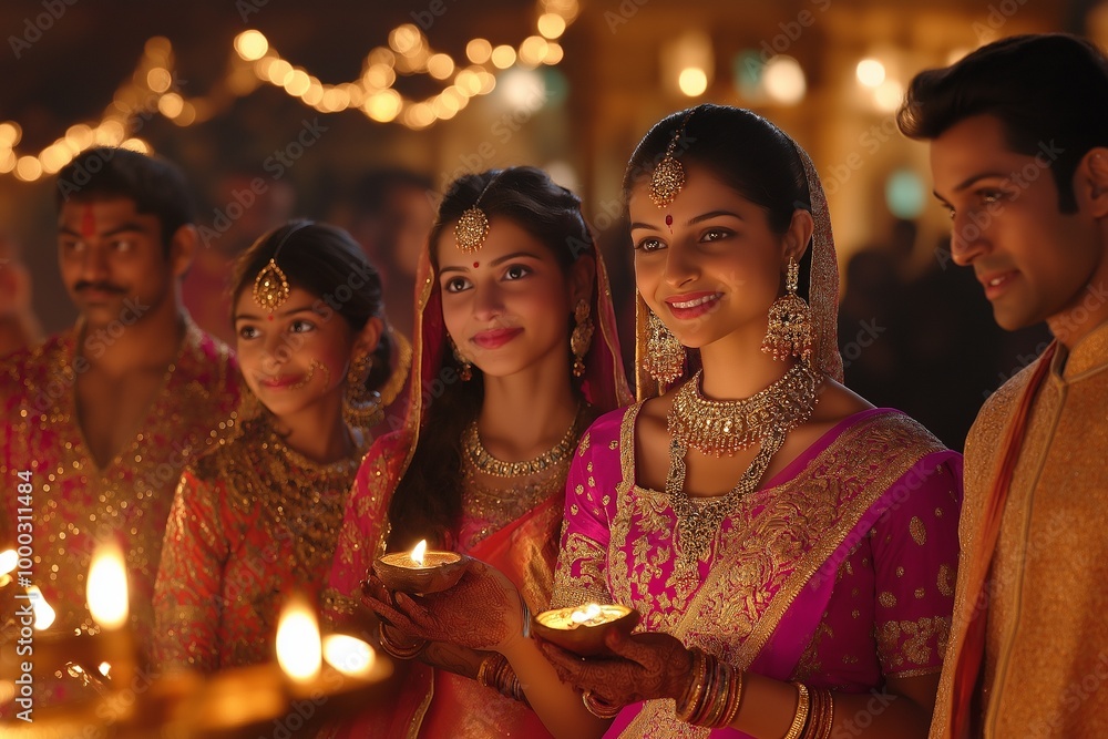 Fototapeta premium People are joyfully celebrating Diwali, surrounded by bright lights and a festive atmosphere.