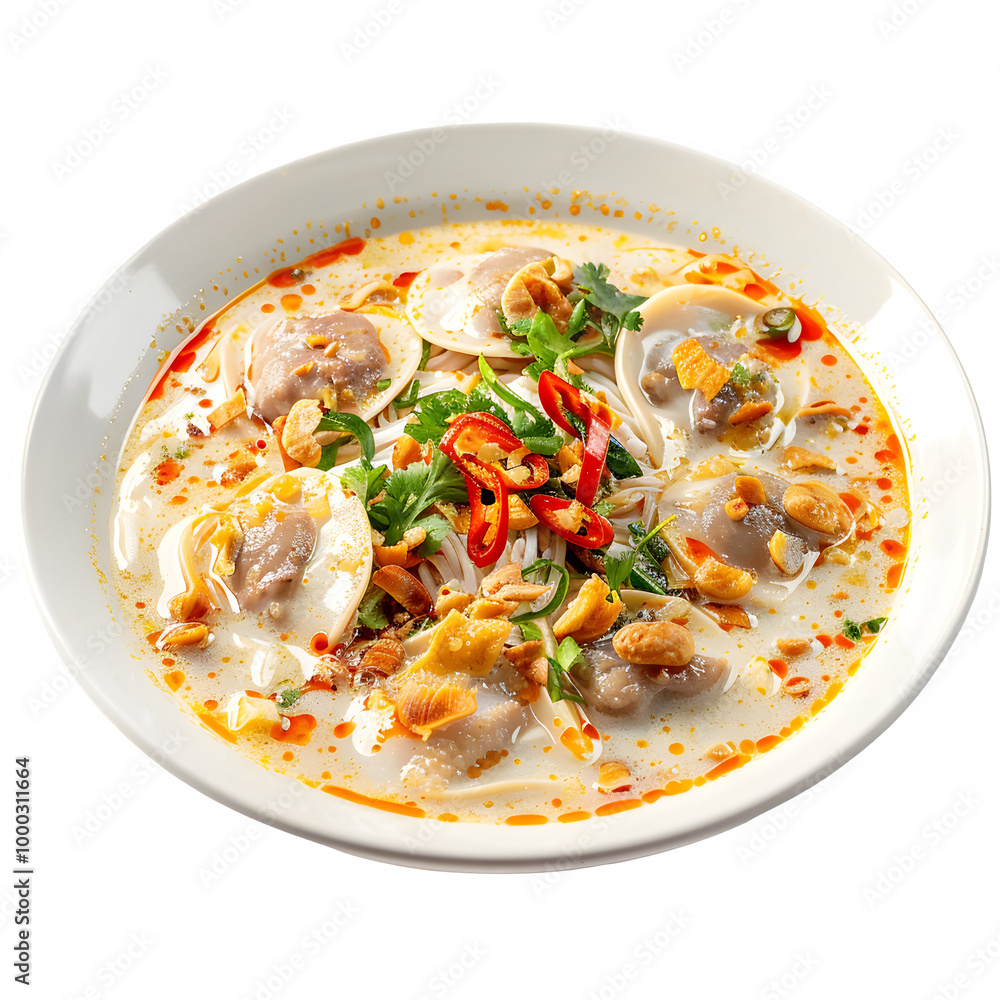 Delicious bowl of zesty dumpling soup topped with herbs, chili peppers, and crunchy toppings, featuring bright colors and a variety of textures Delicious bowl of zesty dumpling soup topped with herbs, chili peppers, and crunchy toppings, featuring bright colors and a variety of textures
