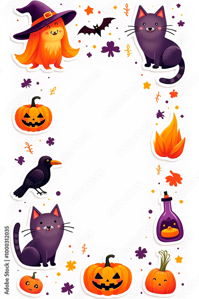 Fototapeta premium Halloween sticker sheet for preschoolers with big shapes and whimsical elements like witch, cat, raven, elixir on a white background, empty space for text