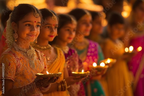 People are joyfully celebrating Diwali, surrounded by bright lights and a festive atmosphere. photo