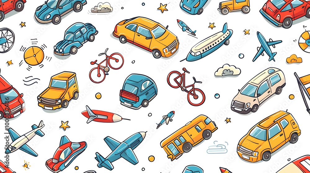 Seamless pattern of various transportation modes including cars, airplanes, and bicycles. Cartoon-style vector design for wallpapers, backgrounds, posters, and fabric prints. Travel and transportation Seamless pattern of various transportation modes including cars, airplanes, and bicycles. Cartoon-style vector design for wallpapers, backgrounds, posters, and fabric prints. Travel and transportation