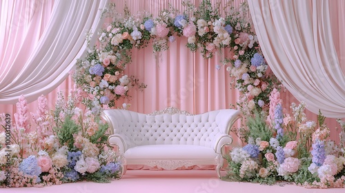 A white sofa sits in front of a floral archway against a pink background.