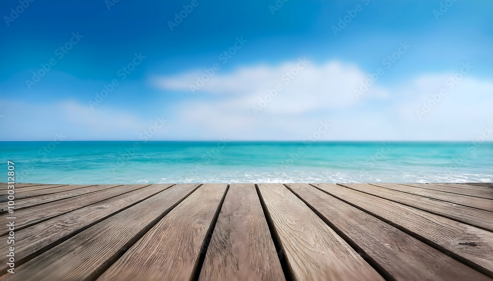 Fototapeta premium Wooden platform with the ocean in the background.