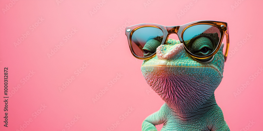 Chameleon with Sunglasses on Pink Background
Chameleon with Sunglasses on Pink Background