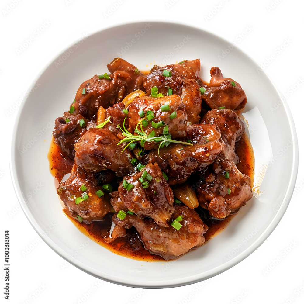 Delicious braised pork ribs in a white bowl, topped with fragrant herbs and a flavorful sauce Delicious braised pork ribs in a white bowl, topped with fragrant herbs and a flavorful sauce