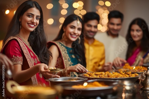 People are joyfully celebrating Diwali, surrounded by bright lights and a festive atmosphere. photo