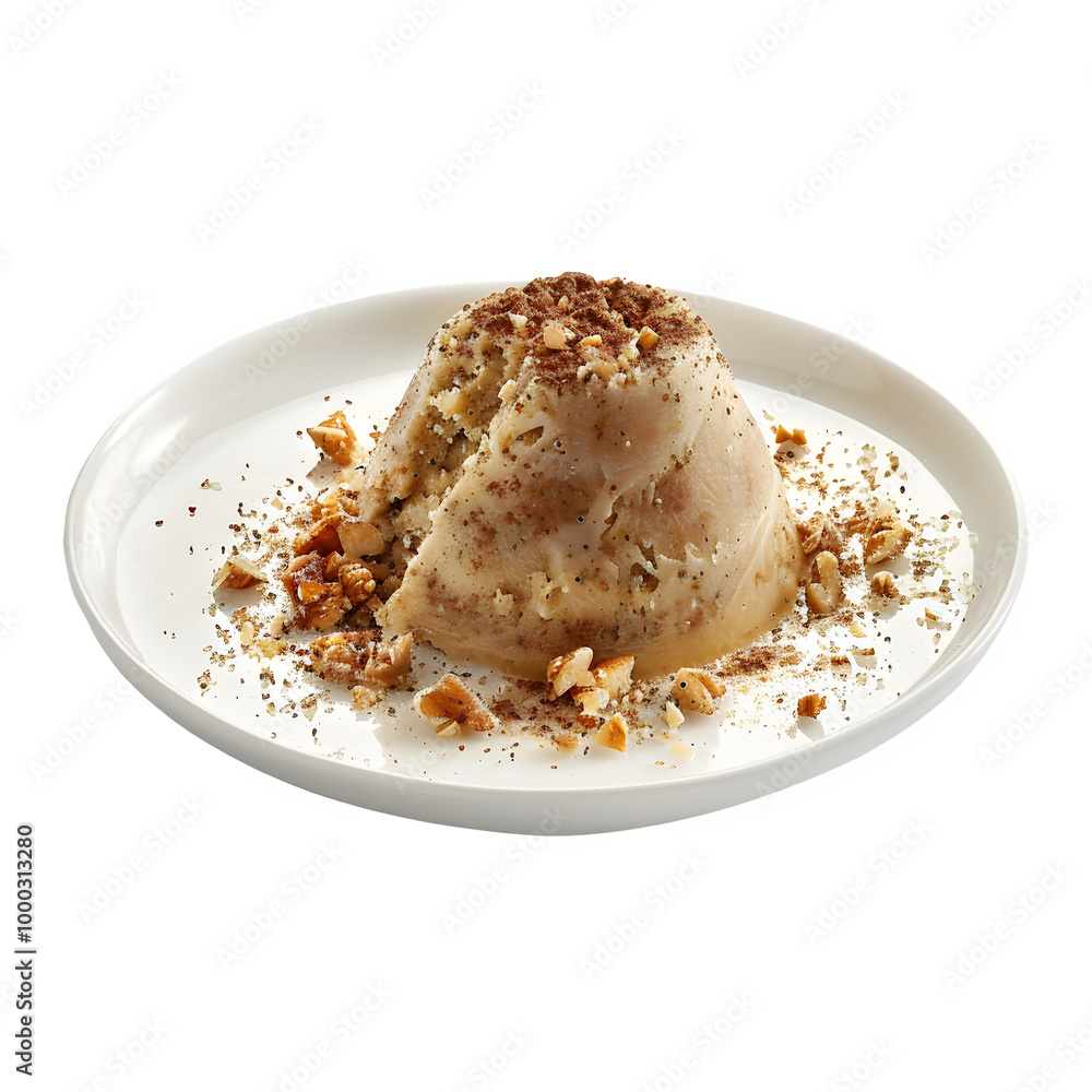 Scrumptious semolina pudding dessert topped with crushed nuts, served on a white plate, perfect for a sweet treat or special occasion Scrumptious semolina pudding dessert topped with crushed nuts, served on a white plate, perfect for a sweet treat or special occasion