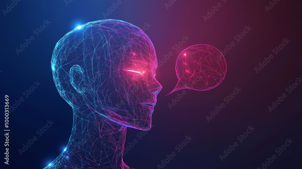 Abstract head of the humanoid robot android with talk bubble speech in futuristic low poly wireframe style. Android Revolt. Illustration Abstract head of the humanoid robot android with talk bubble speech in futuristic low poly wireframe style. Android Revolt. Illustration