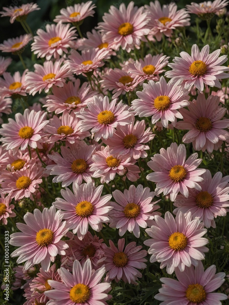 Fototapeta premium Field of pink and white daisy-like flowers with yellow centers, creating vibrant and colorful floral display