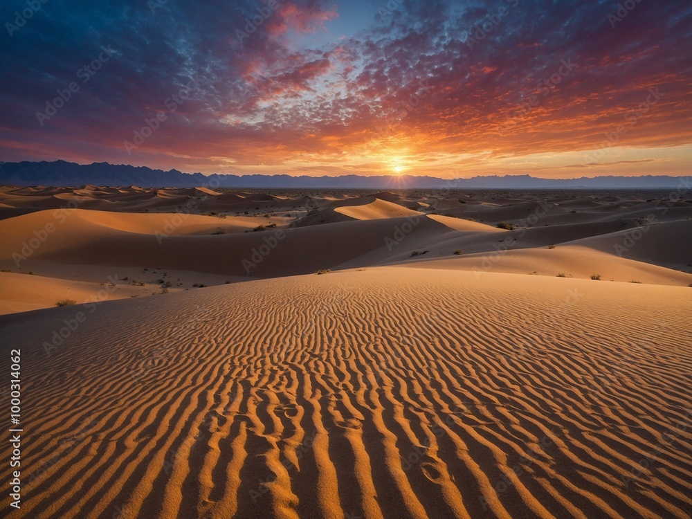 Vast desert landscape with sand dunes under dramatic sunset sky. Sand dunes covered in intricate patterns and textures, and sky filled with vibrant shades of orange, red, and purple. In distance, Vast desert landscape with sand dunes under dramatic sunset sky. Sand dunes covered in intricate patterns and textures, and sky filled with vibrant shades of orange, red, and purple. In distance,