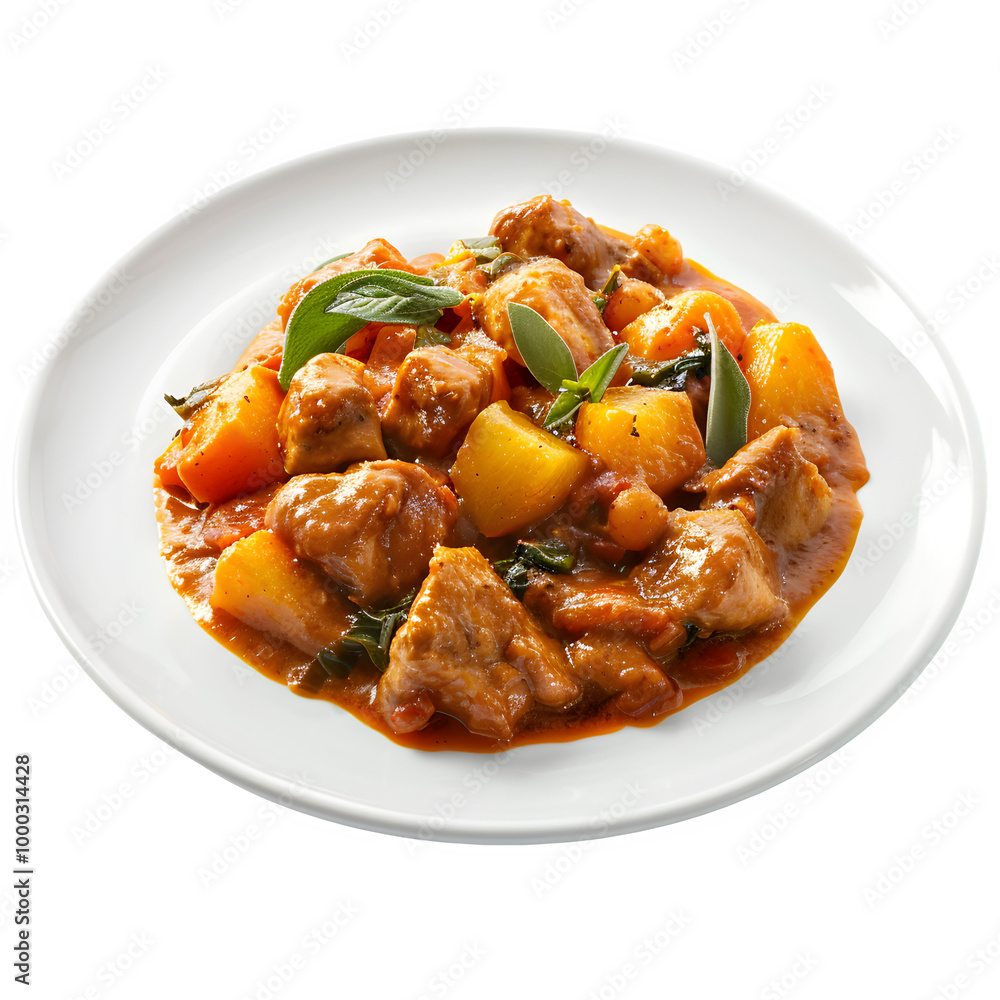Delicious beef stew with juicy meat, potatoes, and veggies in a tasty tomato sauce, presented on a clean white dish Delicious beef stew with juicy meat, potatoes, and veggies in a tasty tomato sauce, presented on a clean white dish