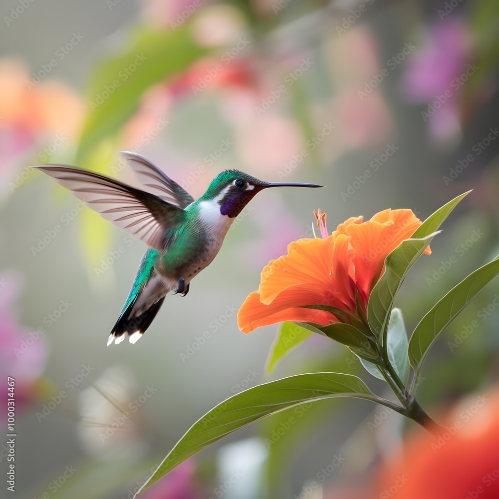 Naklejka premium Hummingbird flying in front of a flower