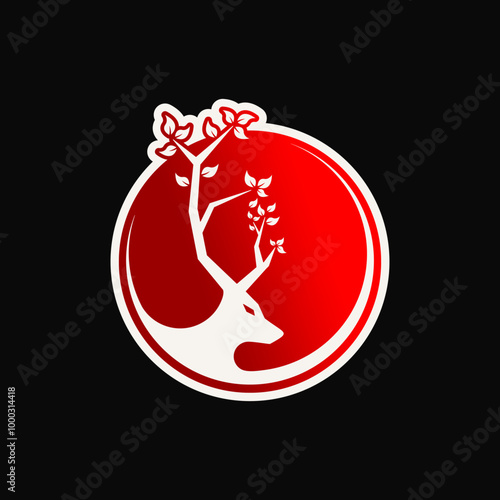 combination vector of deer antelope buck stag hart elk reindeer head with tree branch antlers on a red circle background like the japan japanese national flag silhouette logo design inspiration