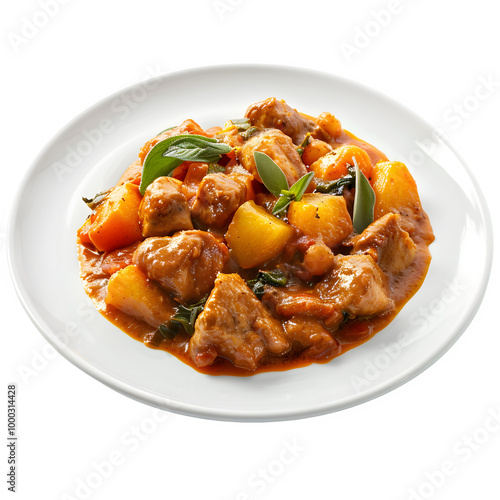 Delicious beef stew with juicy meat, potatoes, and veggies in a tasty tomato sauce, presented on a clean white dish