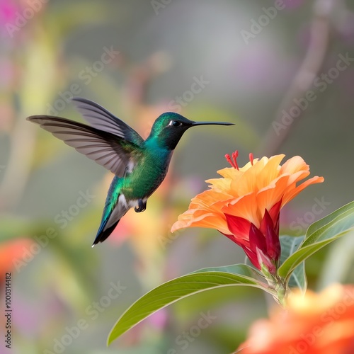 Hummingbird flying in front of a flower