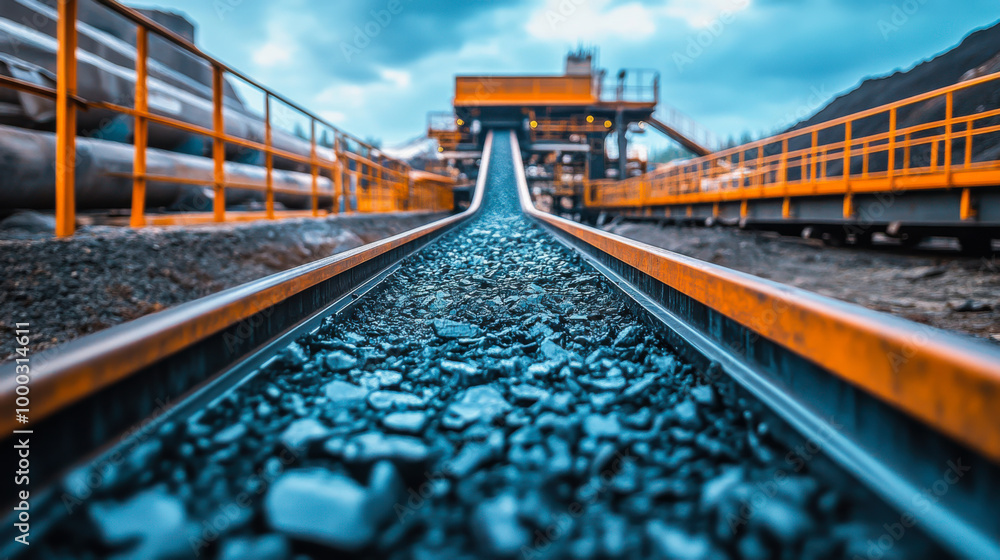 A view of a coal conveyor belt lined with gravel leading to processing facilities under an overcast sky in an industrial setting A view of a coal conveyor belt lined with gravel leading to processing facilities under an overcast sky in an industrial setting
