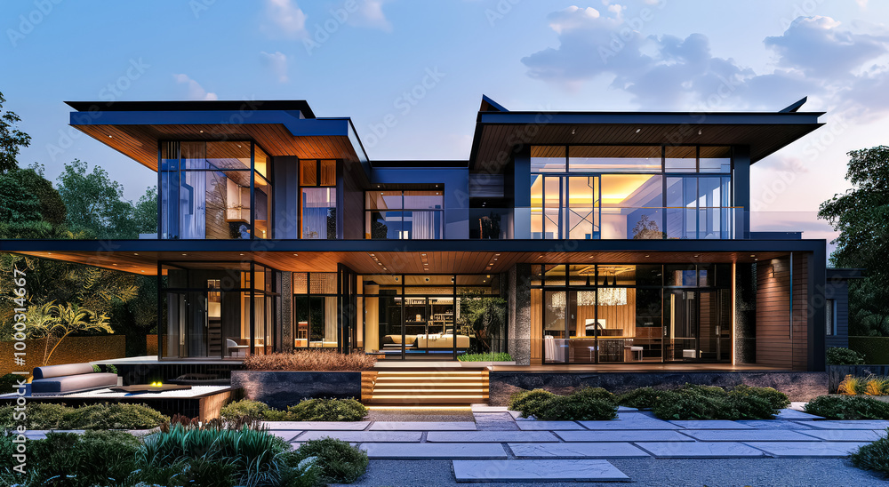 Fototapeta premium Large house with a pool and a garden. The house is surrounded by trees and has a modern design