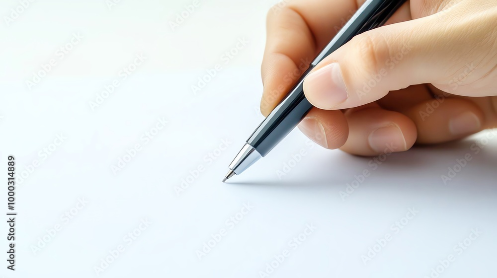 Hand holding a pen over a business plan document, strategic decision making process Hand holding a pen over a business plan document, strategic decision making process