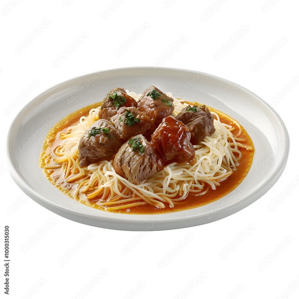 Tasty spaghetti served with juicy meatballs in a rich tomato sauce, garnished with herbs, on a white plate against a transparent background Tasty spaghetti served with juicy meatballs in a rich tomato sauce, garnished with herbs, on a white plate against a transparent background