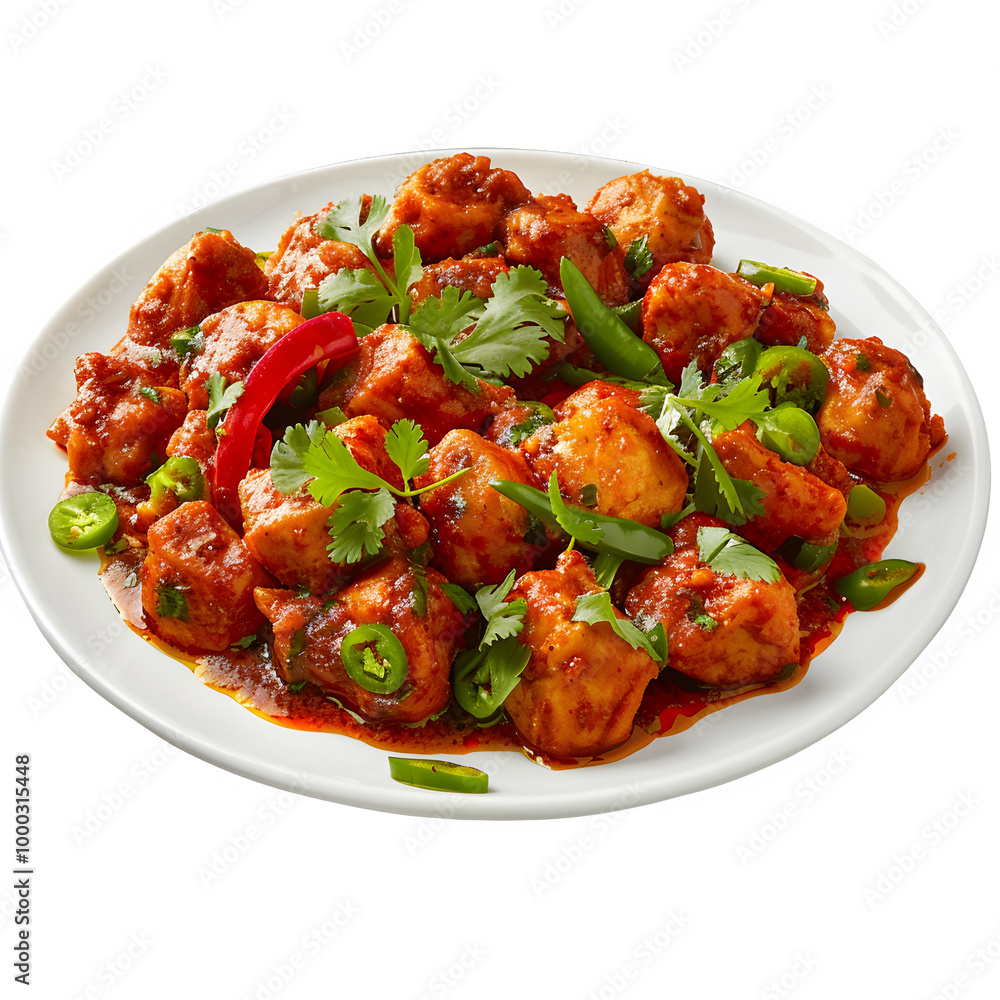 Fototapeta premium Tasty spicy chicken curry topped with fresh herbs and green chilies, presented on a clean white plate against a see-through background