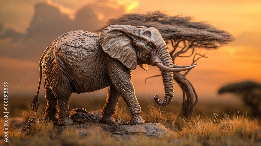 Fototapeta premium African Elephant Standing on a Rock at Sunset