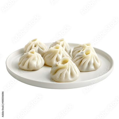 Plate holding six delicious steamed dumplings, displayed on a clean white background. Ideal for any food-themed projects or designs