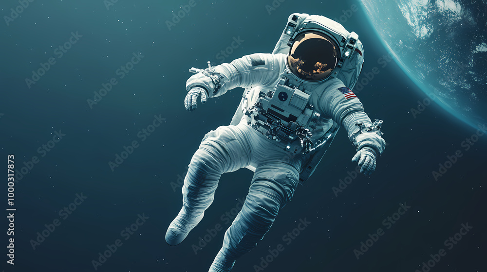 Astronaut floating in zero gravity space with earth reflection, detail of spacesuit. Zero Gravity. Illustration Astronaut floating in zero gravity space with earth reflection, detail of spacesuit. Zero Gravity. Illustration