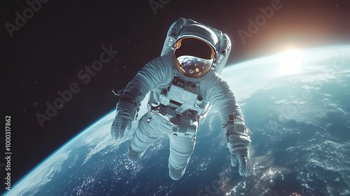 Astronaut floating in zero gravity space with earth reflection, detail of spacesuit. Zero Gravity. Illustration