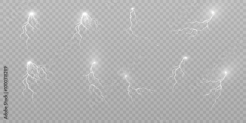 Bright lightning effect, lightning electric discharge, bright light effect. Lightning energy discharge effect isolated on transparent background for web design and illustrations.
