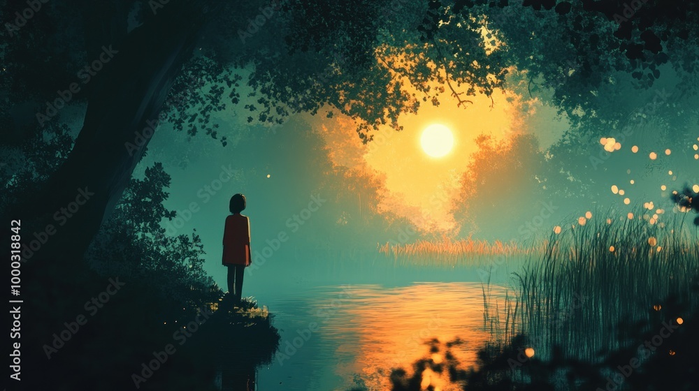 Obraz premium Solitary Figure Gazing at a Sunset over a Tranquil Lake