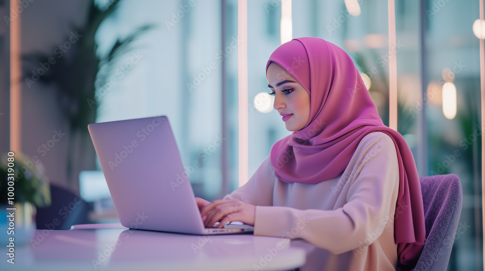 A woman wearing a hijab is engaged in a virtual negotiation, using her laptop to connect with clients. Keywords: hijab, woman, virtual negotiation, laptop, clients, business, commu A woman wearing a hijab is engaged in a virtual negotiation, using her laptop to connect with clients. Keywords: hijab, woman, virtual negotiation, laptop, clients, business, commu